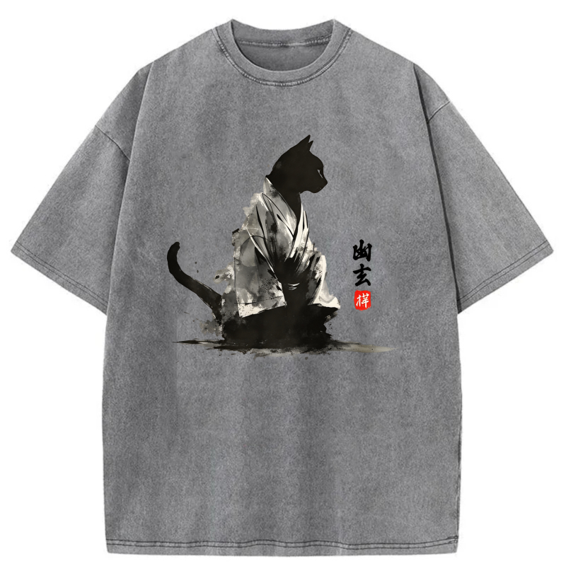 Black Cat In Kimono With Chinese Calligraphy tshirt 100% cotton