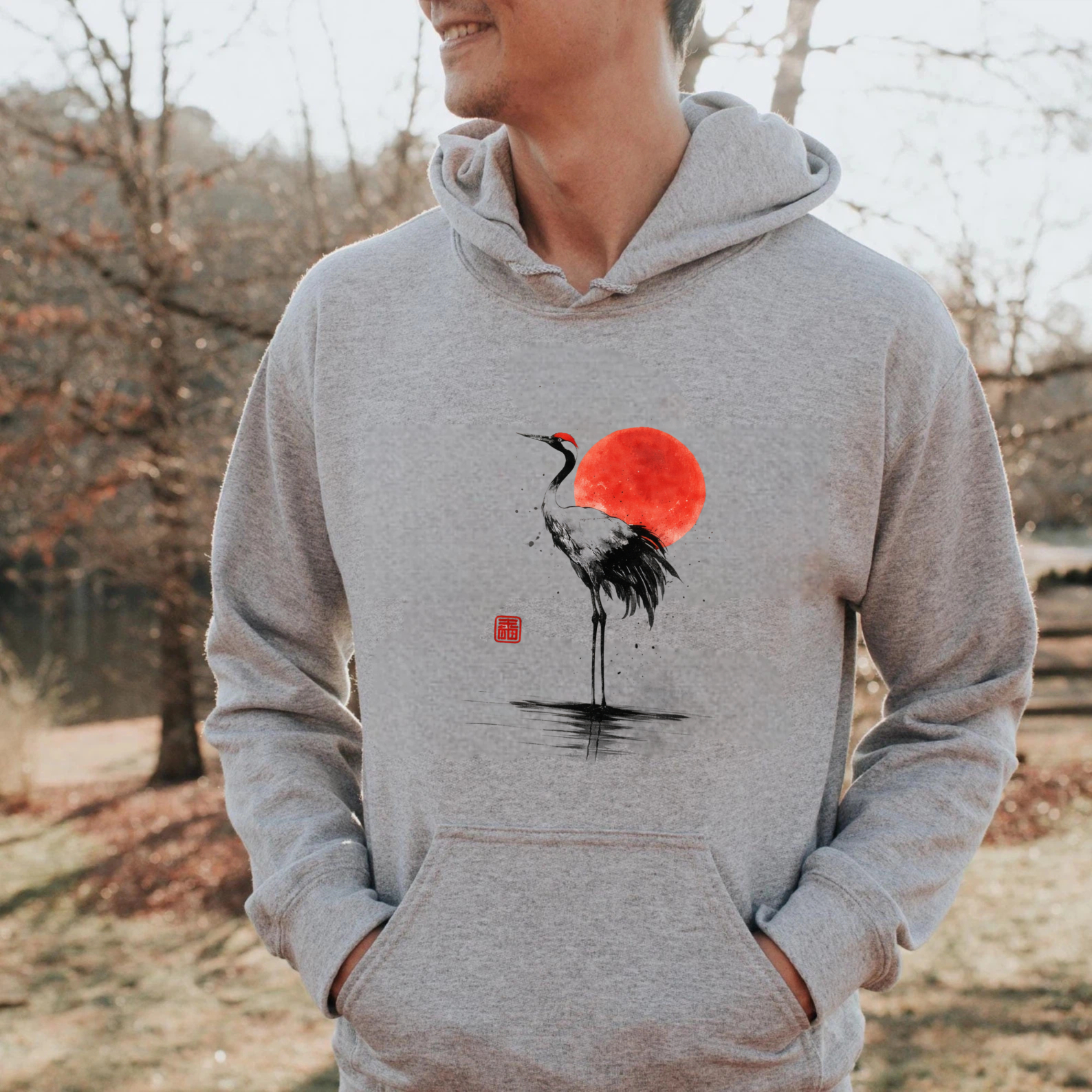 Black Hoodie With Red Sun And Crane Design Artistic Print Sweatshirt For Men And Women