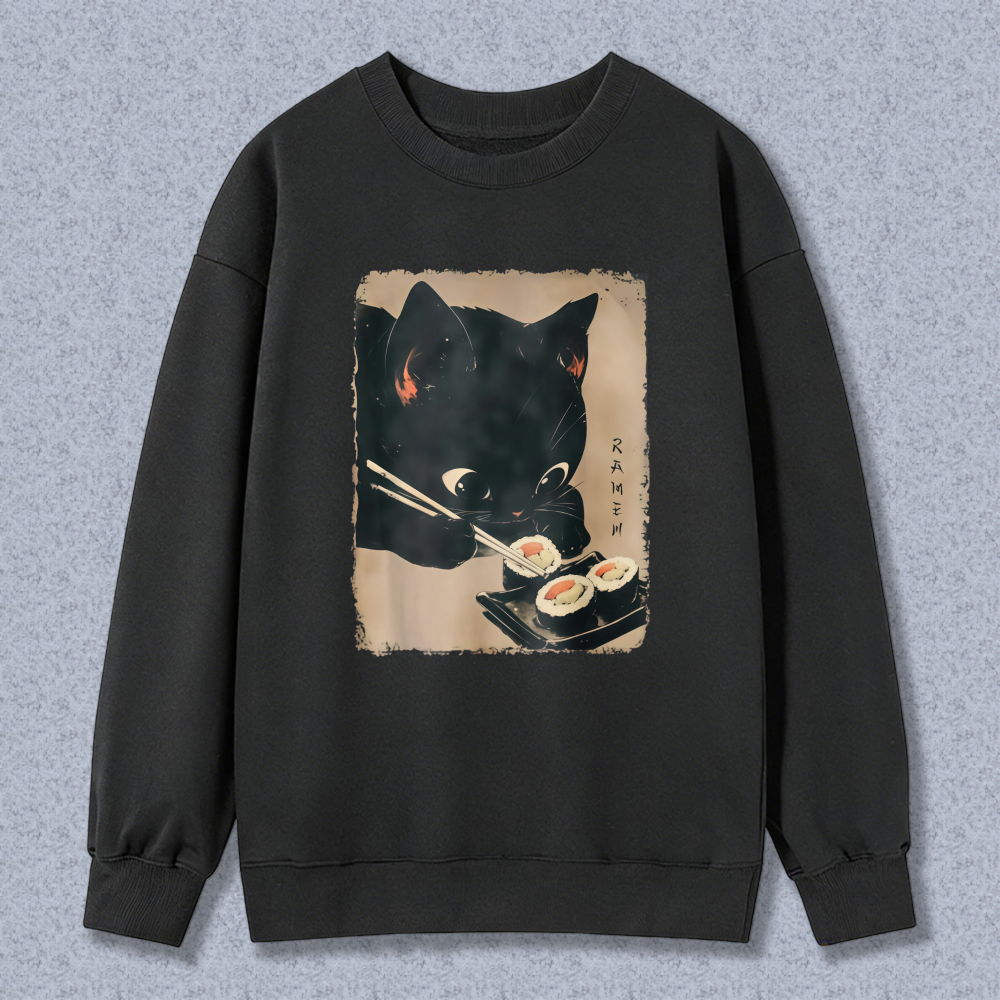 Black Cat Eating Sushi Japanese Art Print Sweatshirt Unisex Crewneck Pullover Long Sleeve Casual Top