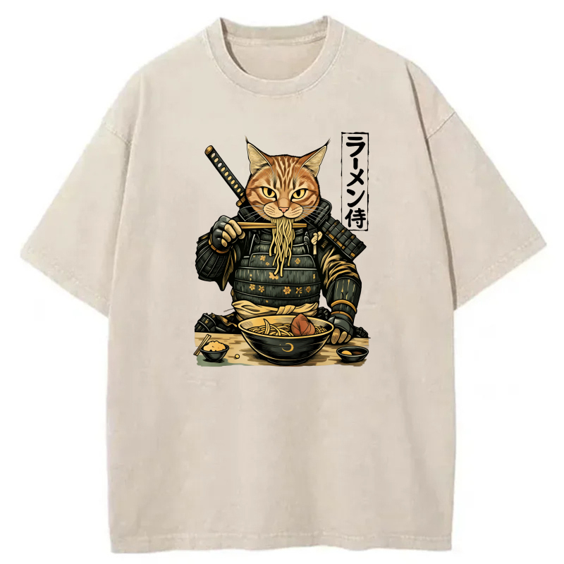 Cat Samurai Eating Ramen Noodles With Sword tshirt 100% cotton