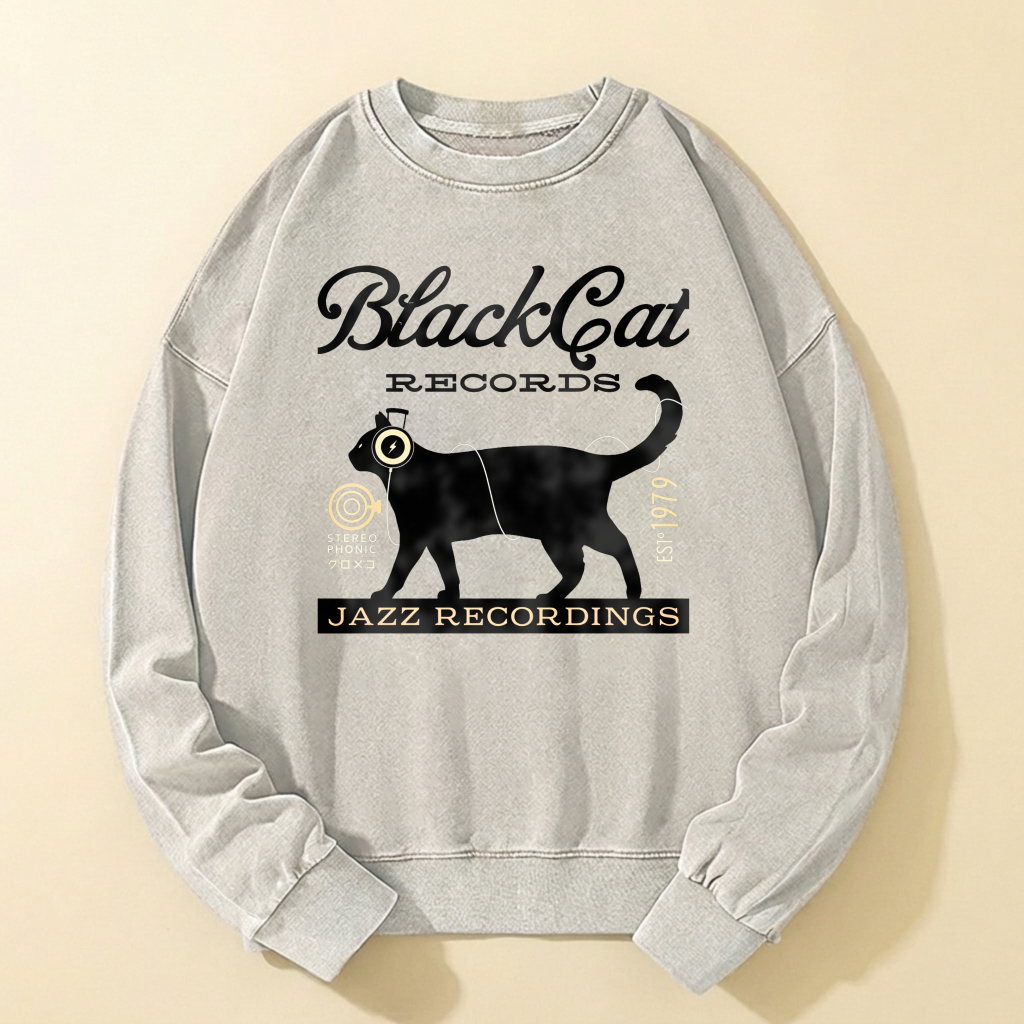 Black Cat Records Jazz Recordings Sweatshirt Vintage Style Graphic Crewneck Pullover