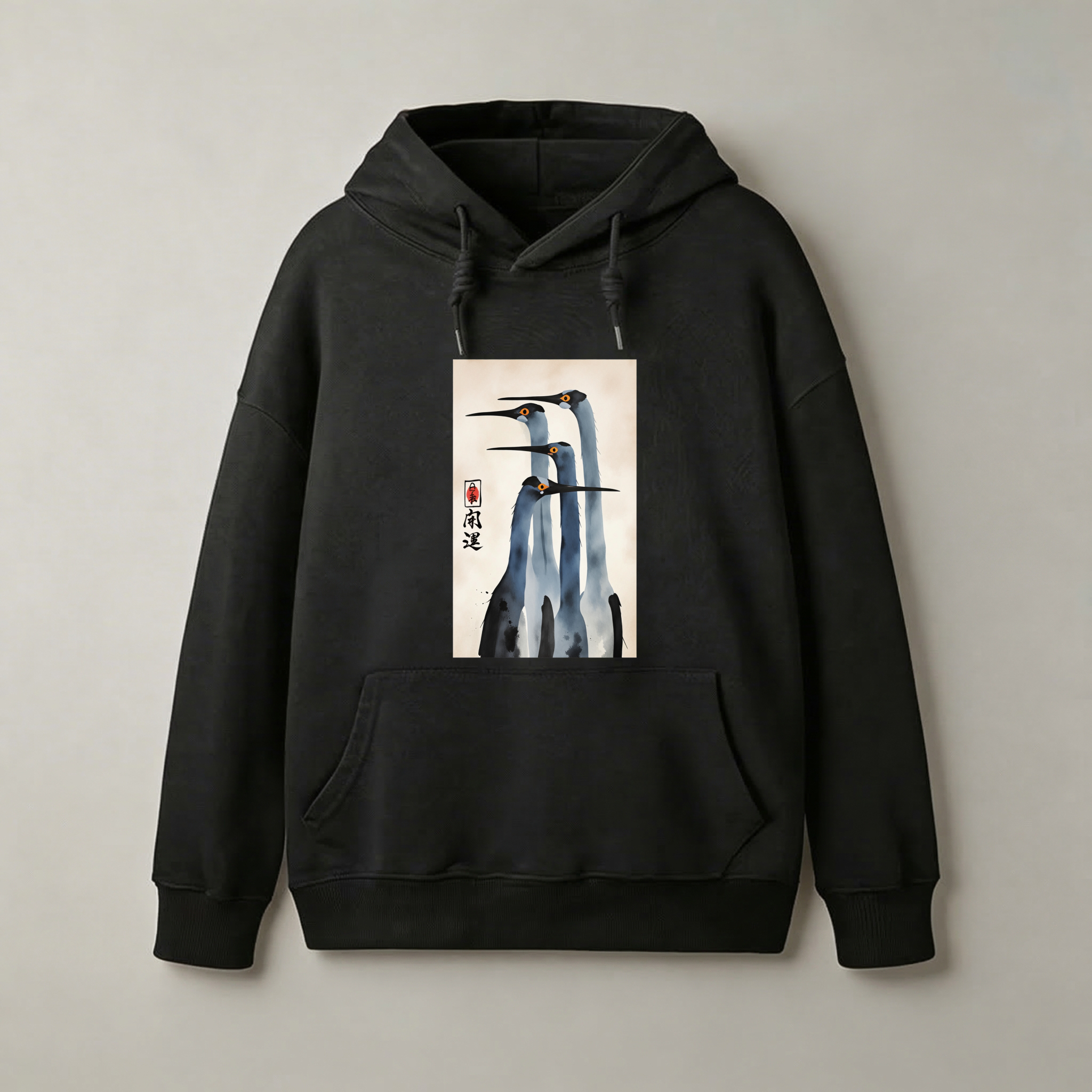 Black Hoodie With Chinese Ink Painting Cranes Art Design Unisex Sweatshirt Casual Wear