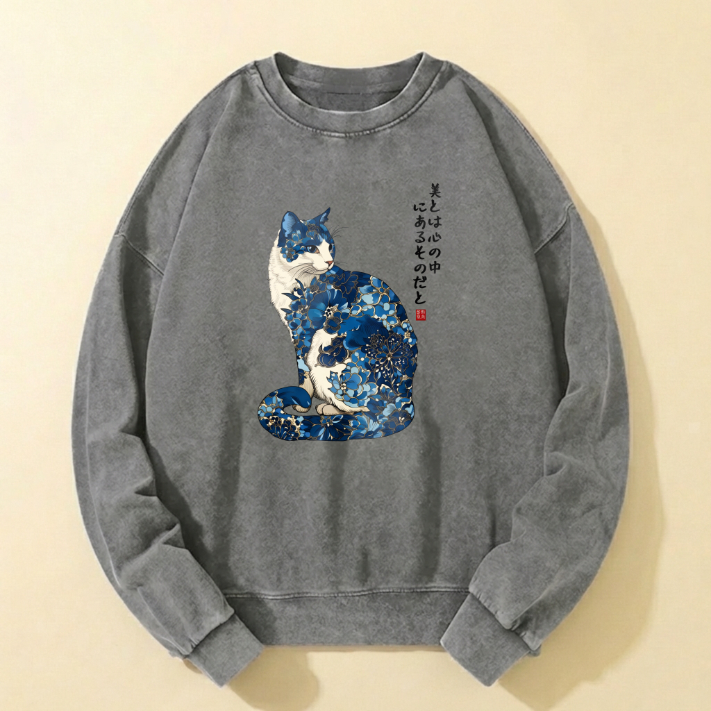 Japanese Cat Art Sweatshirt With Blue Floral Design For Men And Women Casual Wear Unisex Fashion Top