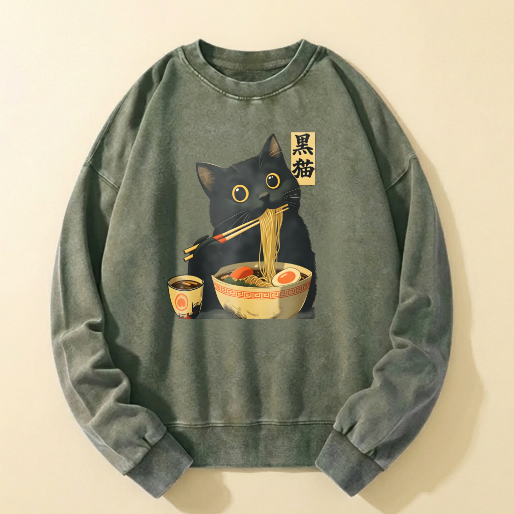 Black Cat Eating Ramen Sweatshirt Unisex Cotton Long Sleeve Pullover Casual Top With Japanese Style Design