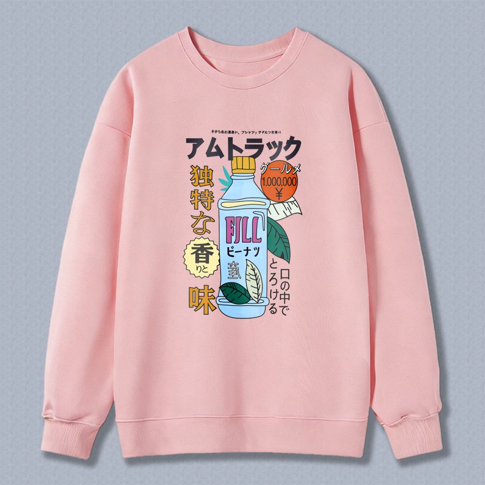 Japanese Style Pill Bottle Graphic Sweatshirt Unique Flavor Design Casual Long Sleeve Top