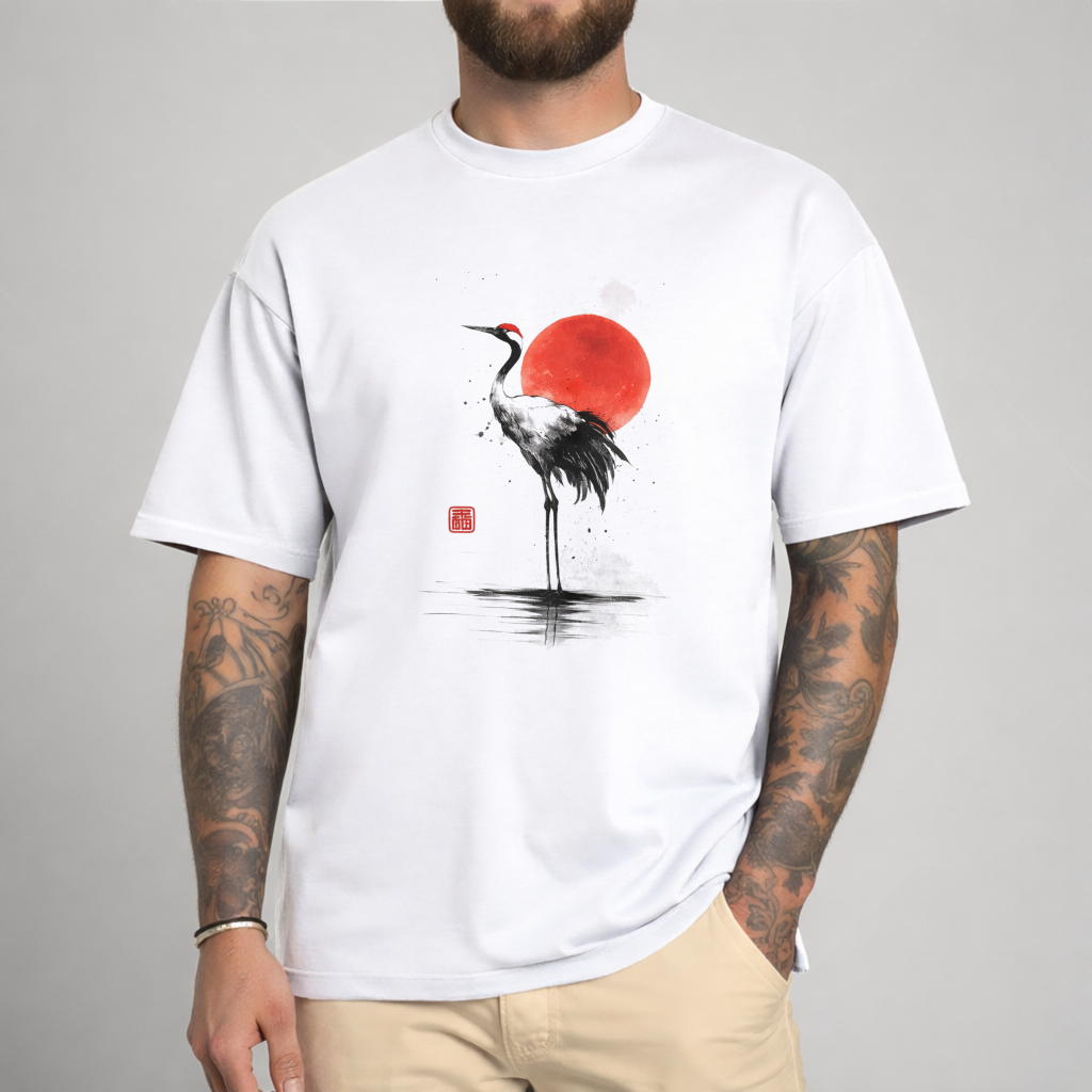 Red Sun Crane Water Reflection Art Design tshirt 100% cotton
