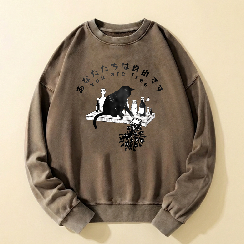 Black Cat Alchemy Lab Graphic Sweatshirt Unisex Oversized Crewneck Pullover Vintage Washed Look Casual Streetwear Top