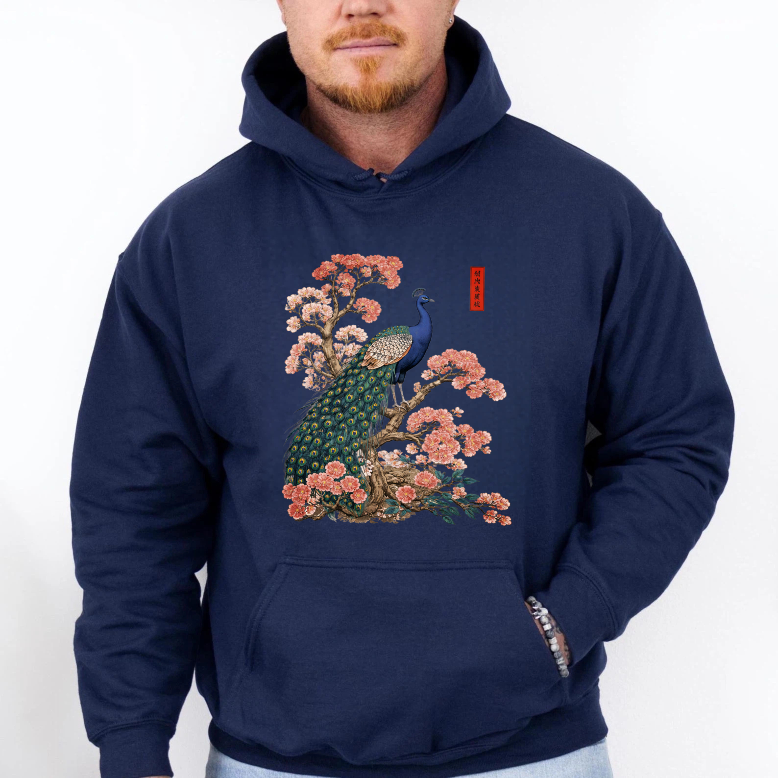 Peacock And Cherry Blossom Art Hoodie Black Unisex Sweatshirt With Front Pocket And Drawstring Hood