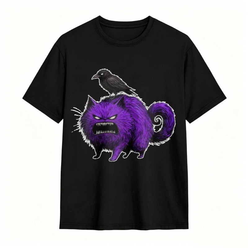 Purple Cat With Black Raven On Back tshirt 100% cotton