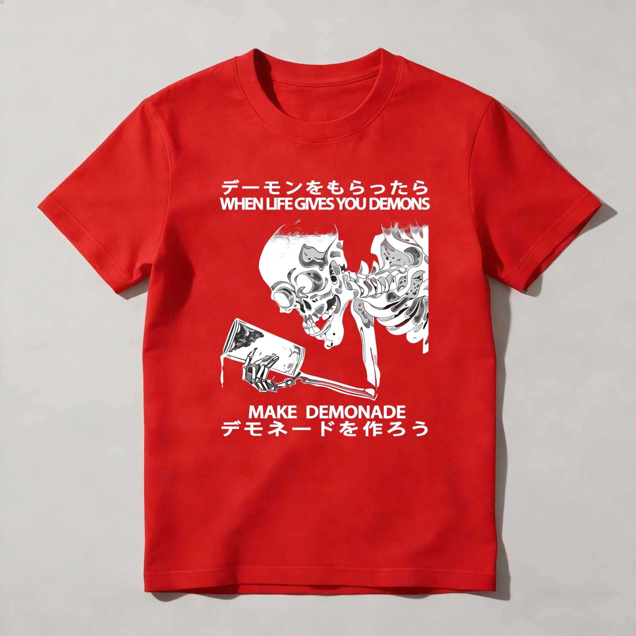 Demon Skeleton Holding Glass With Text tshirt 100% cotton