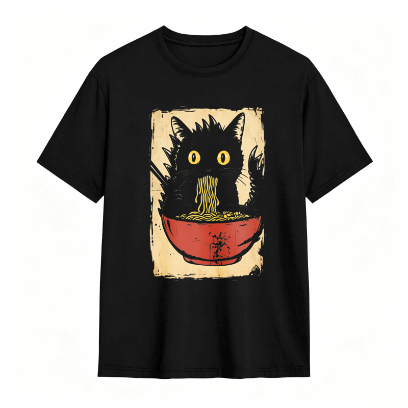 Black Cat Eating Noodles In Red Bowl tshirt 100% cotton