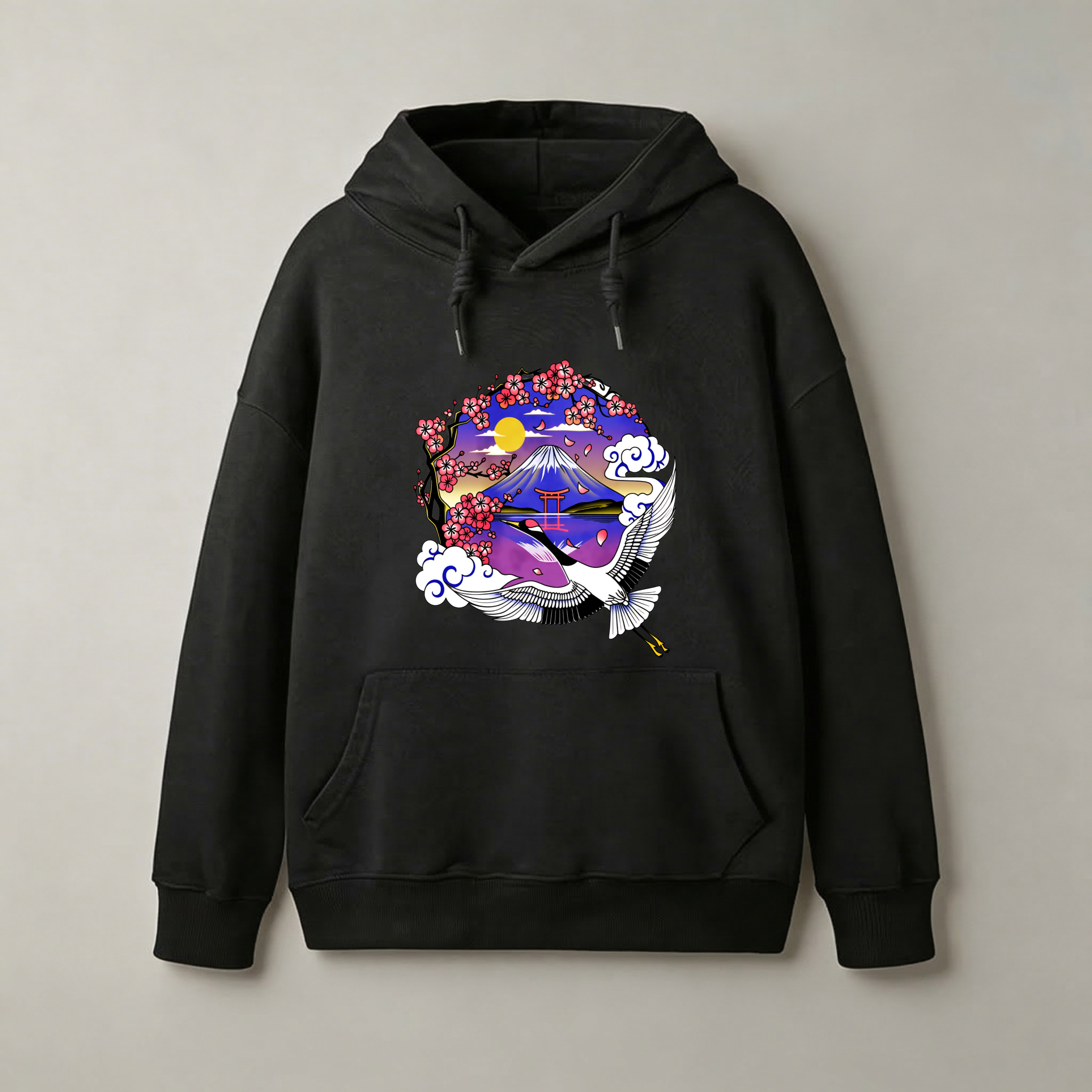 Japanese Mountain Landscape Hoodie With Crane And Cherry Blossoms Art Design