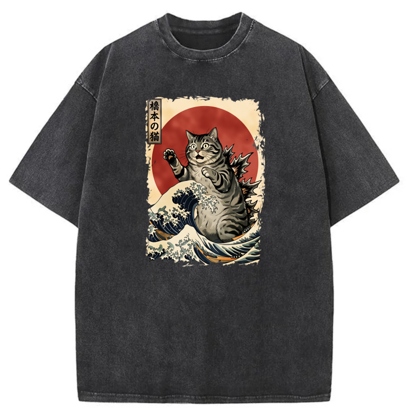 Cat Riding Wave With Red Sun Background tshirt 100% cotton