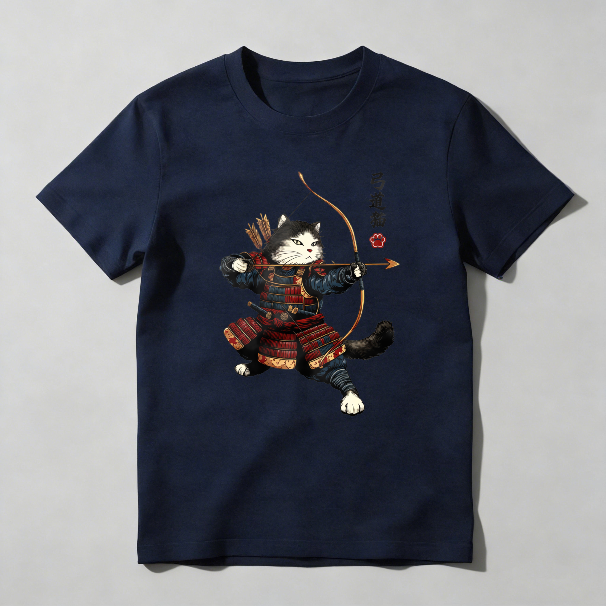 Cat Samurai Archery Warrior Design tshirt 100% cotton