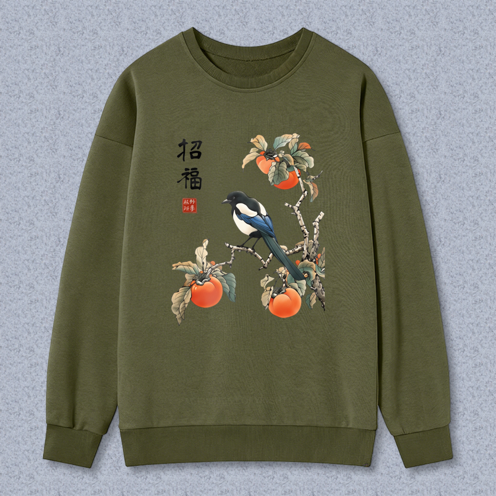 Traditional Chinese Art Magpie And Persimmon Tree Design Sweatshirt For Men And Women Casual Wear With Calligraphy Print