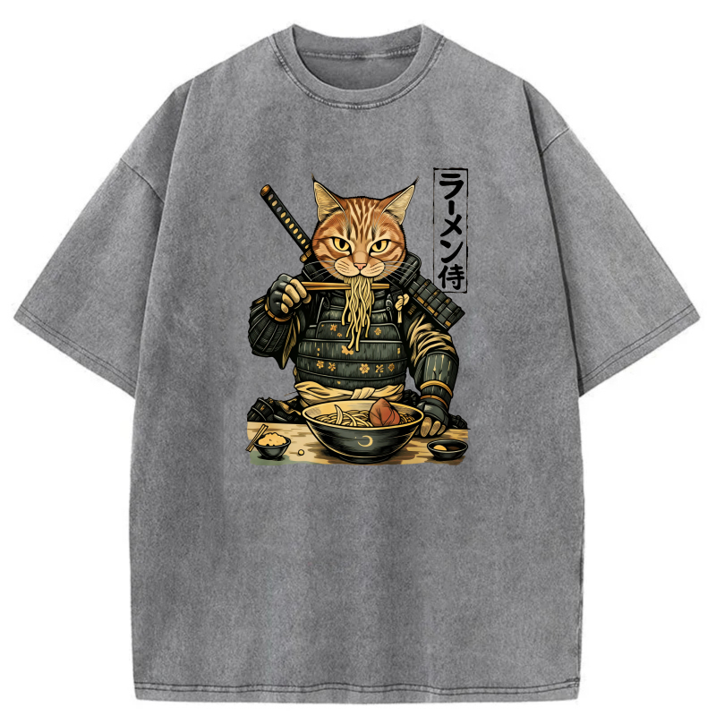 Cat Samurai Eating Ramen Noodles With Sword tshirt 100% cotton