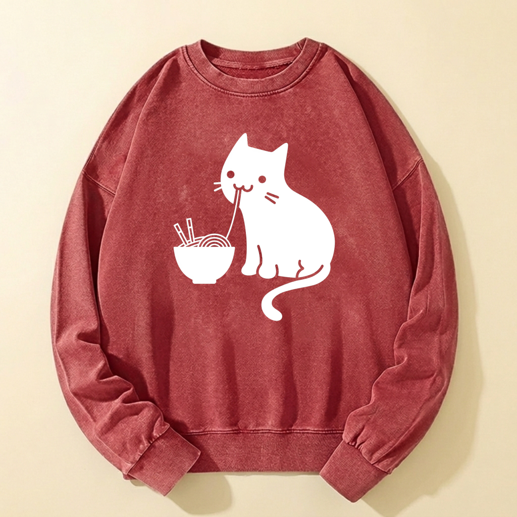 Cute Cat Eating Noodles Sweatshirt Unisex Casual Long Sleeve Pullover Top