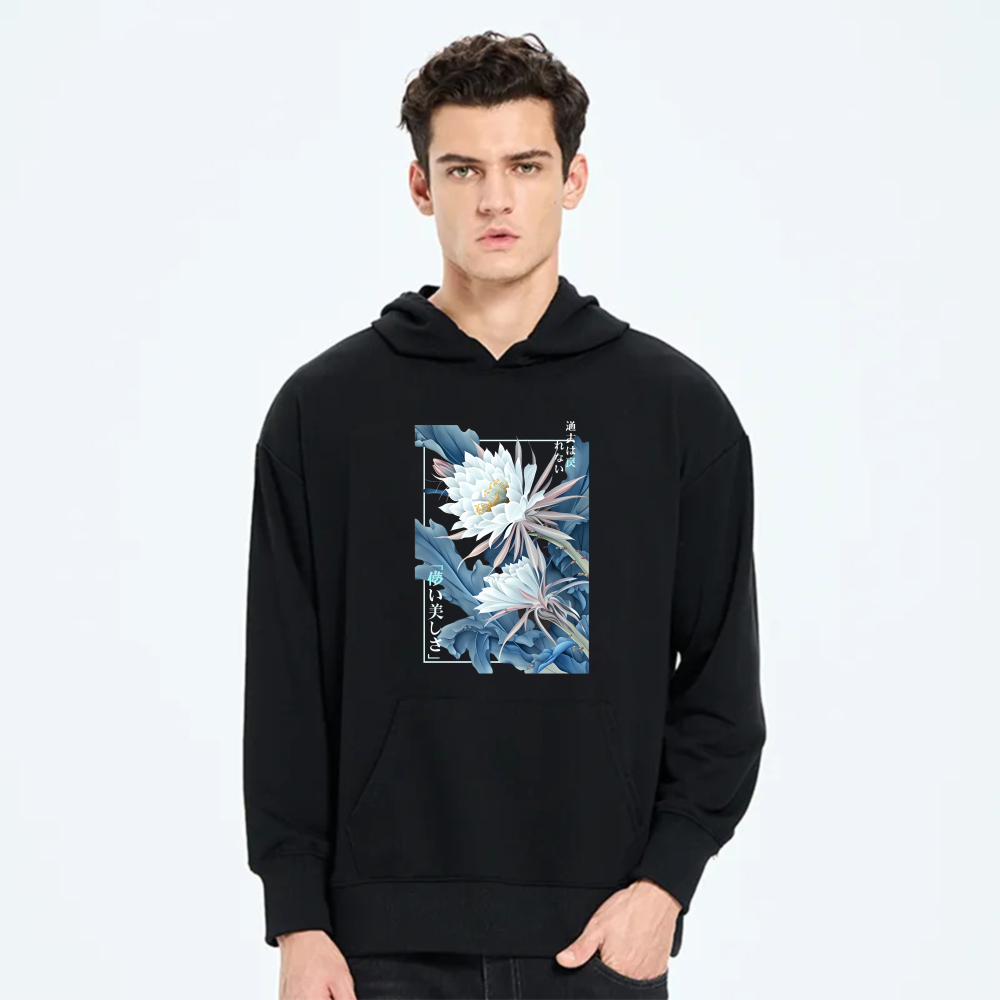 Flower Art Design Hoodie With Japanese Text And Cactus Blossom Print Unisex Sweatshirt Black
