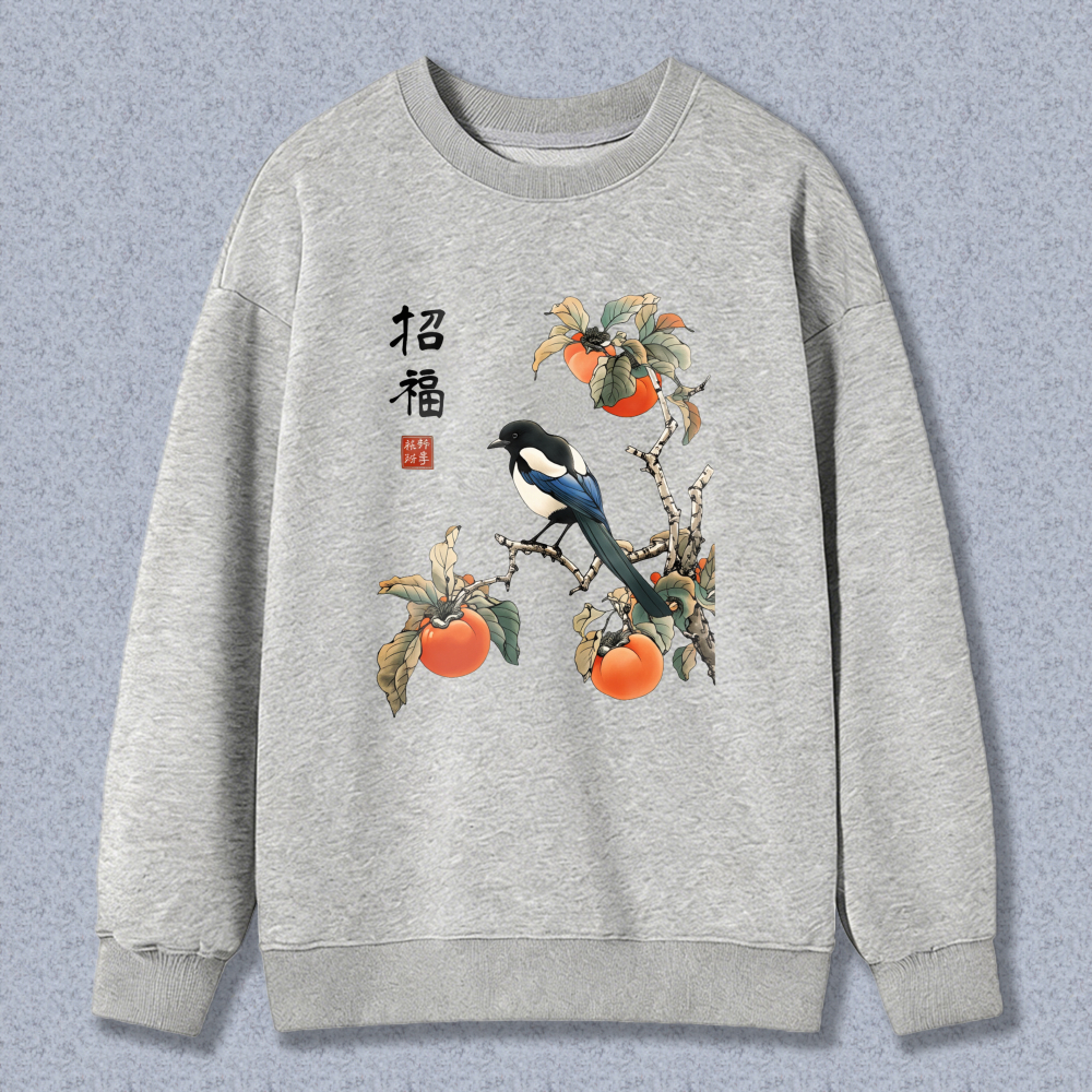 Traditional Chinese Art Magpie And Persimmon Tree Design Sweatshirt For Men And Women Casual Wear With Calligraphy Print