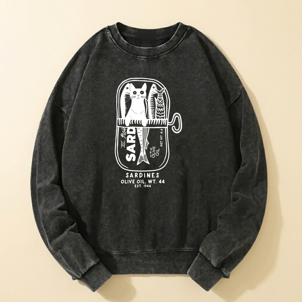 Cat In Sardine Can Sweatshirt Black Graphic Crewneck Long Sleeve Pullover Casual Top For Men Women