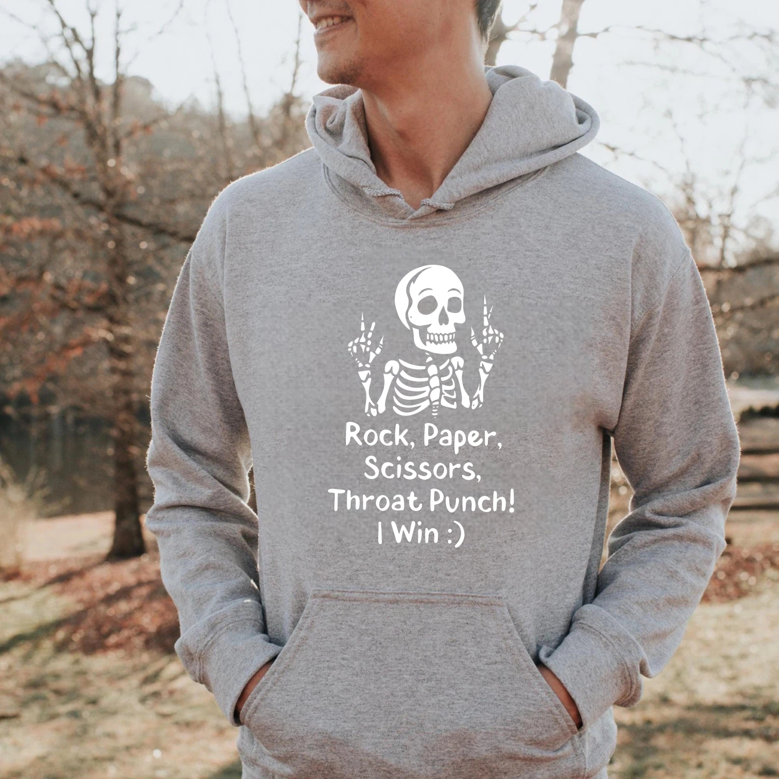 Skeleton Rock Paper Scissors Throat Punch I Win Hoodie Black Funny Sweatshirt