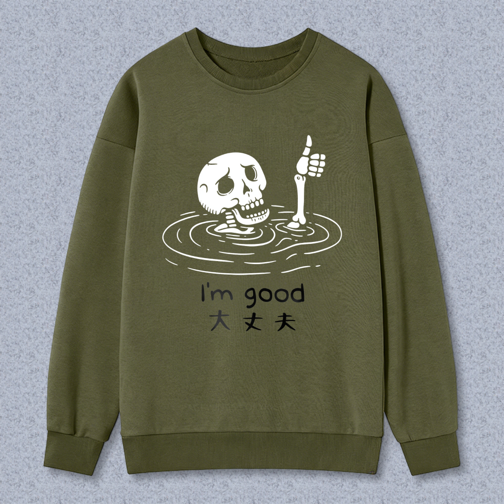 Skeleton In Water Thumbs Up Sweatshirt Good Day Design Black Crewneck Pullover