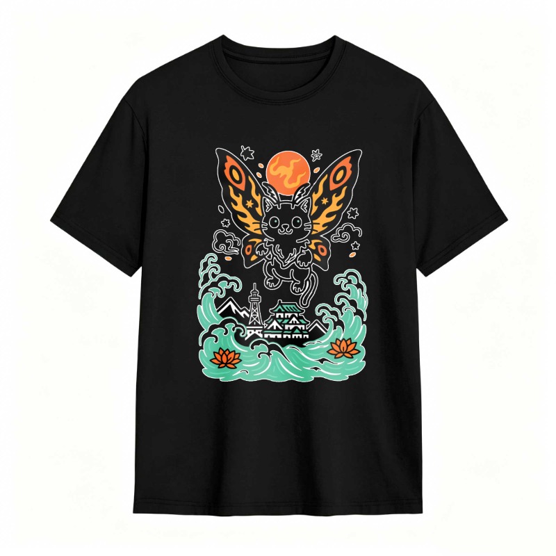 Butterfly Cat Moon Waves Mountains Lotus tshirt 100% cotton