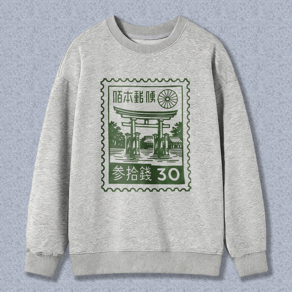 Japan Post Stamp Design Sweatshirt With Torii Gate And Traditional Motif 30 Sen Print Black Crewneck Pullover