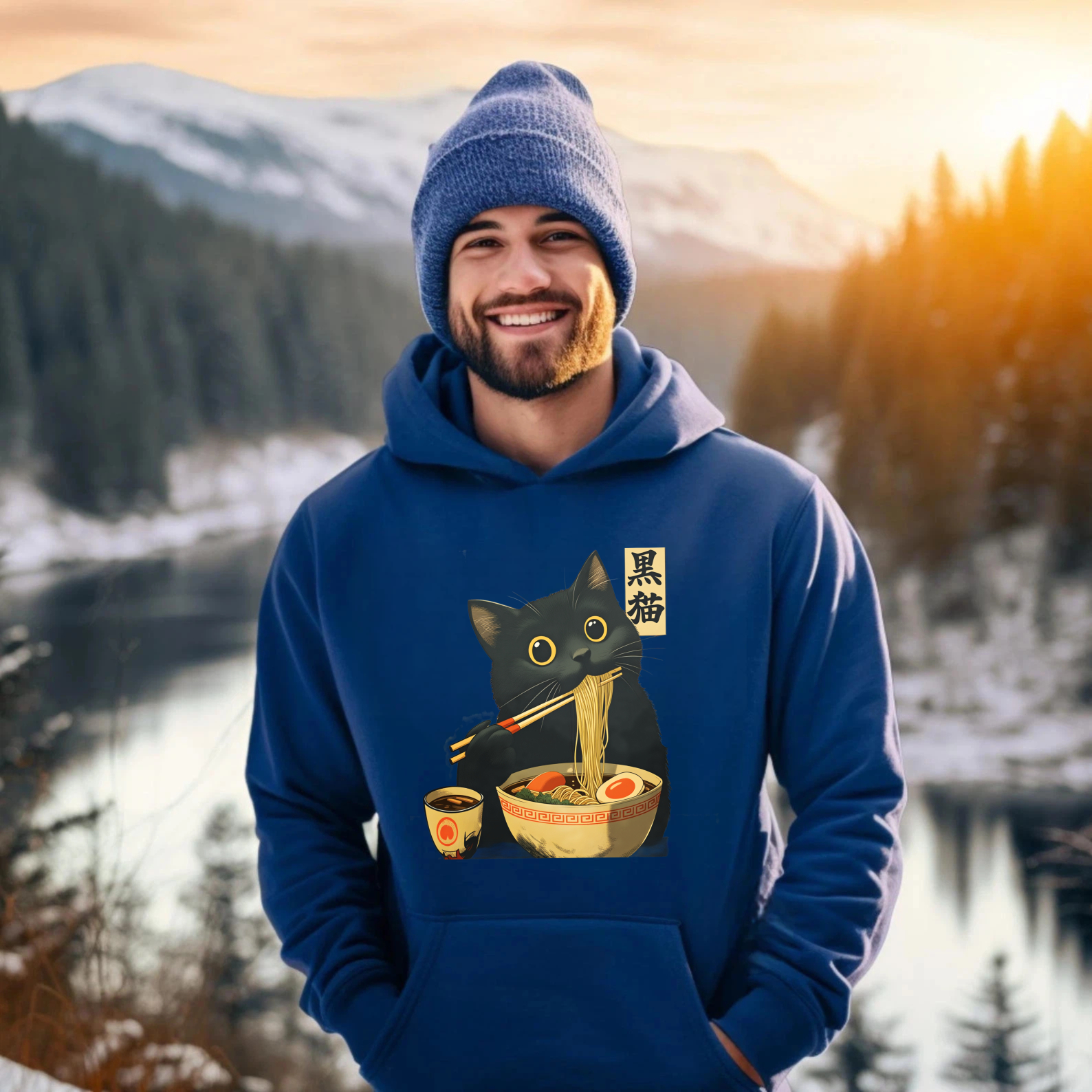 Black Cat Eating Ramen Hoodie Japanese Food Anime Style Sweatshirt