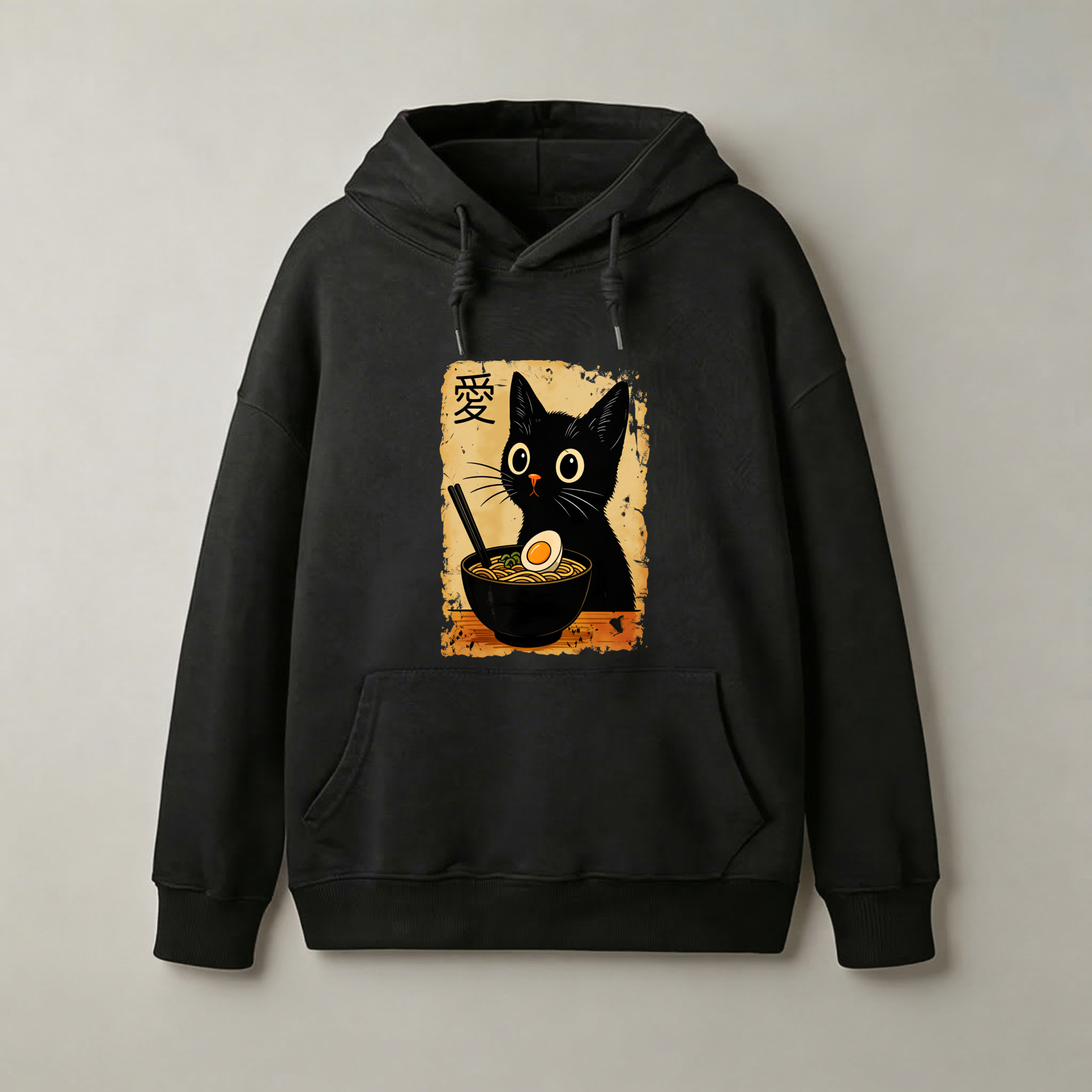 Black Cat Ramen Love Japanese Art Hoodie With Front Pocket And Drawstring Hood