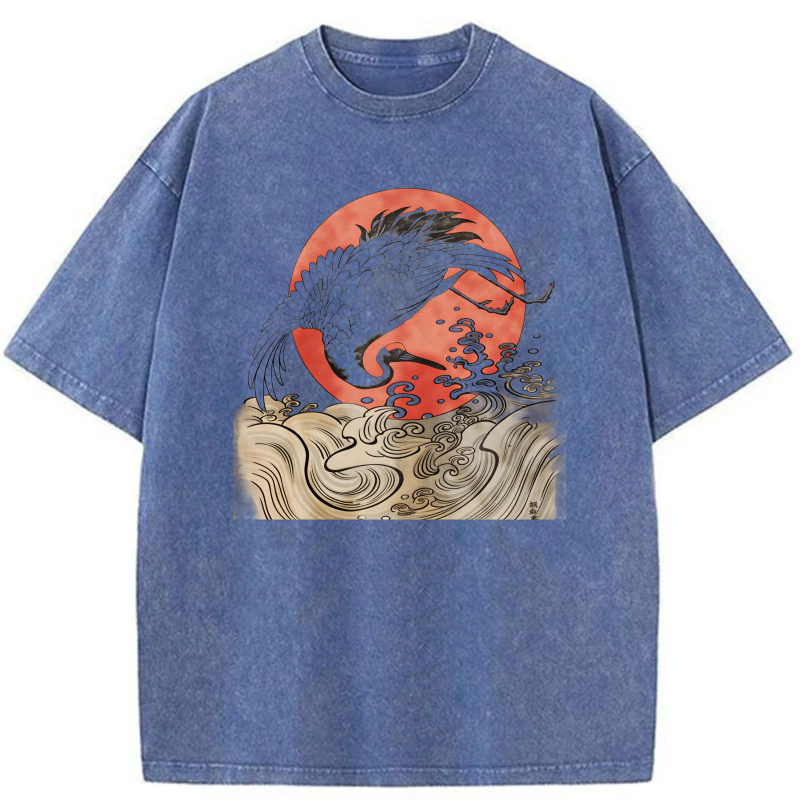 Dragon Silhouette Red Moon Waves Pattern tshirt 100% cotton