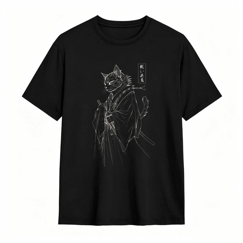Cat Samurai With Sword And Japanese Text tshirt 100% cotton