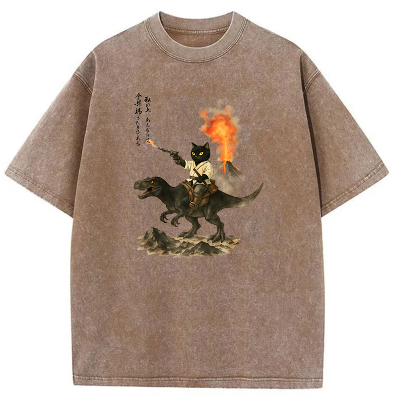 Cat Riding Dinosaur With Volcano Background tshirt 100% cotton