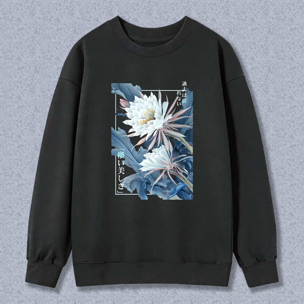 Black Sweatshirt With Floral Design And Japanese Text Art Print Unisex Casual Wear