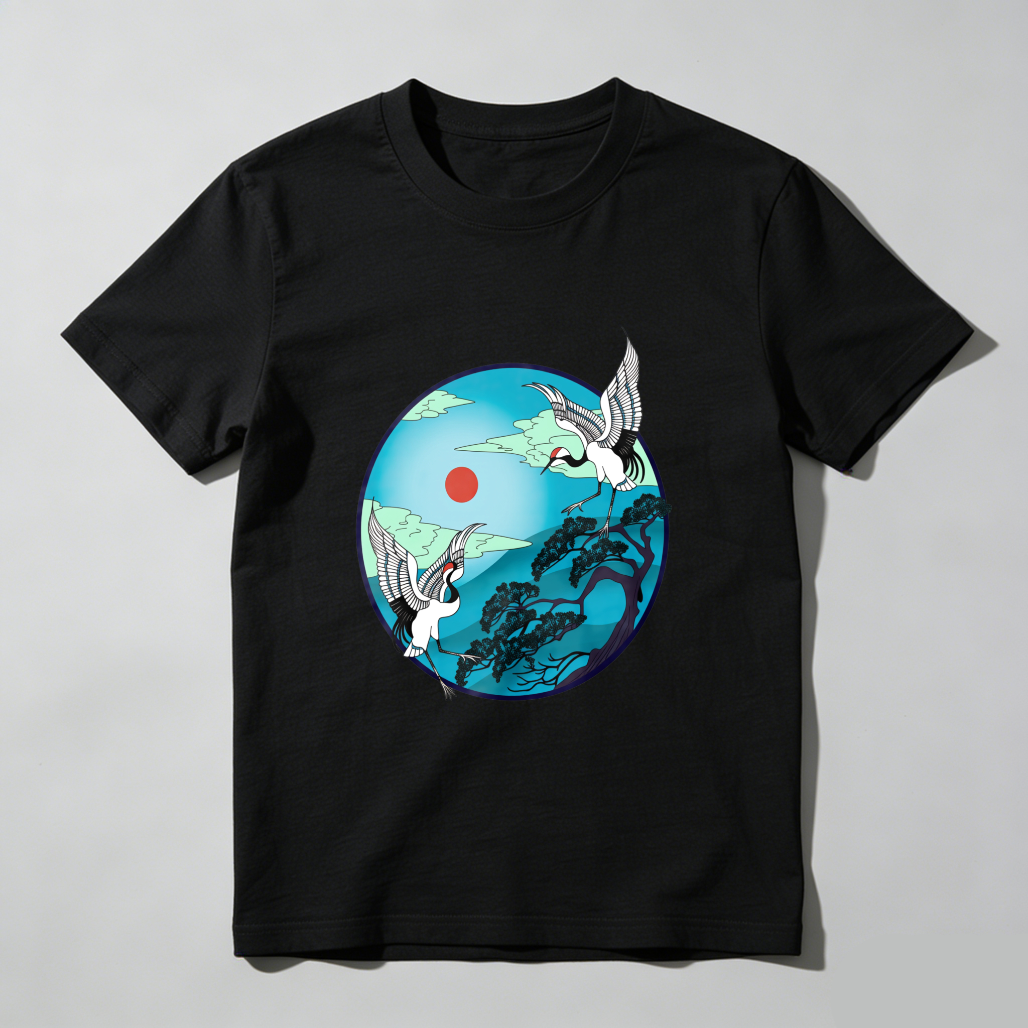 Crane Flying Over Mountain Landscape With Red Sun tshirt 100% cotton