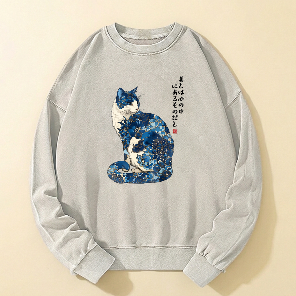 Japanese Cat Art Sweatshirt With Blue Floral Design For Men And Women Casual Wear Unisex Fashion Top