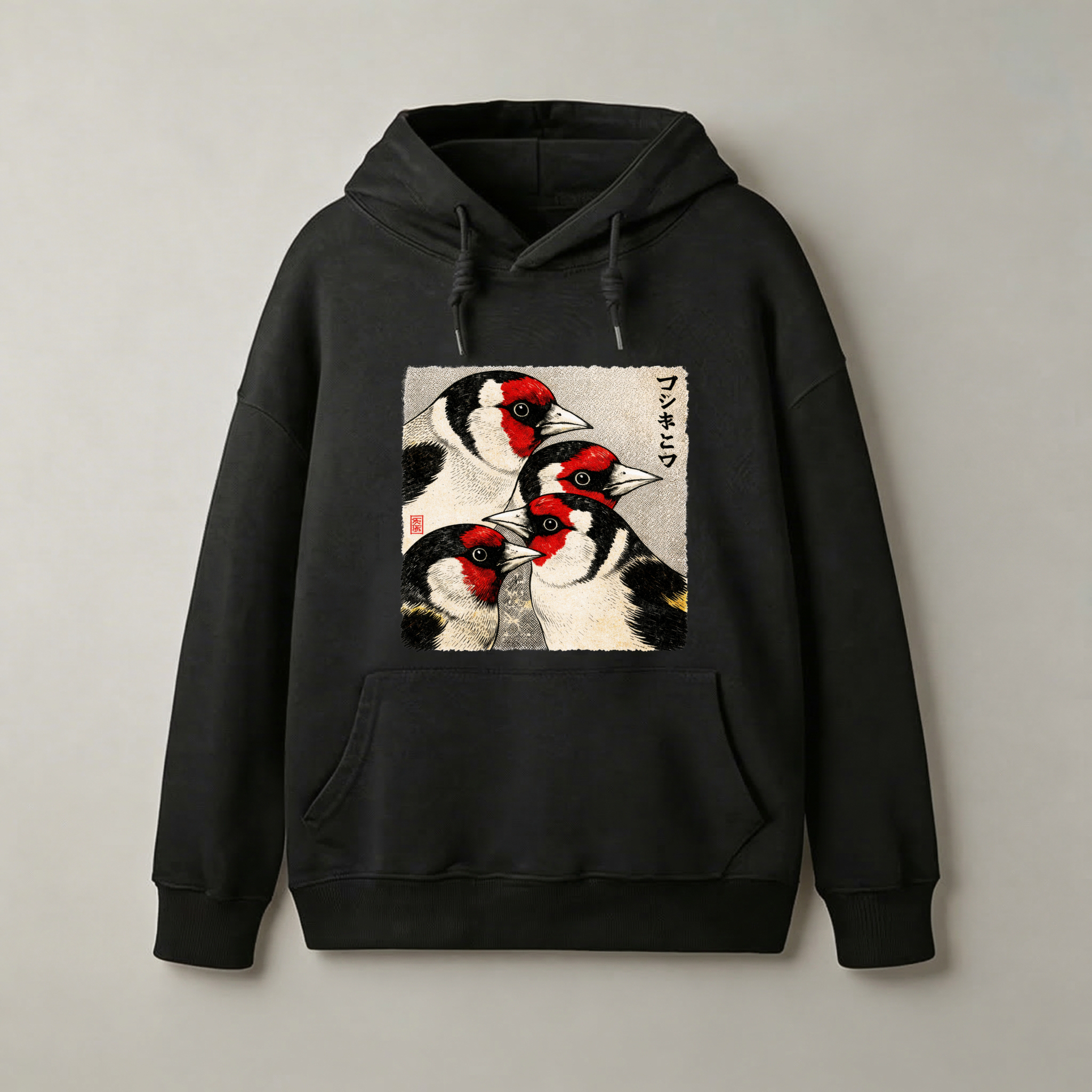 Woodpecker Art Print Hoodie Japanese Style Bird Design Black Sweatshirt