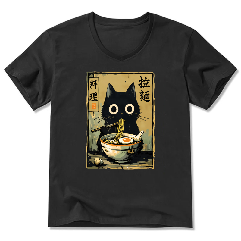 Black Cat Ramen Noodle Art T-Shirt Japanese Food Design Unisex Casual Shirt