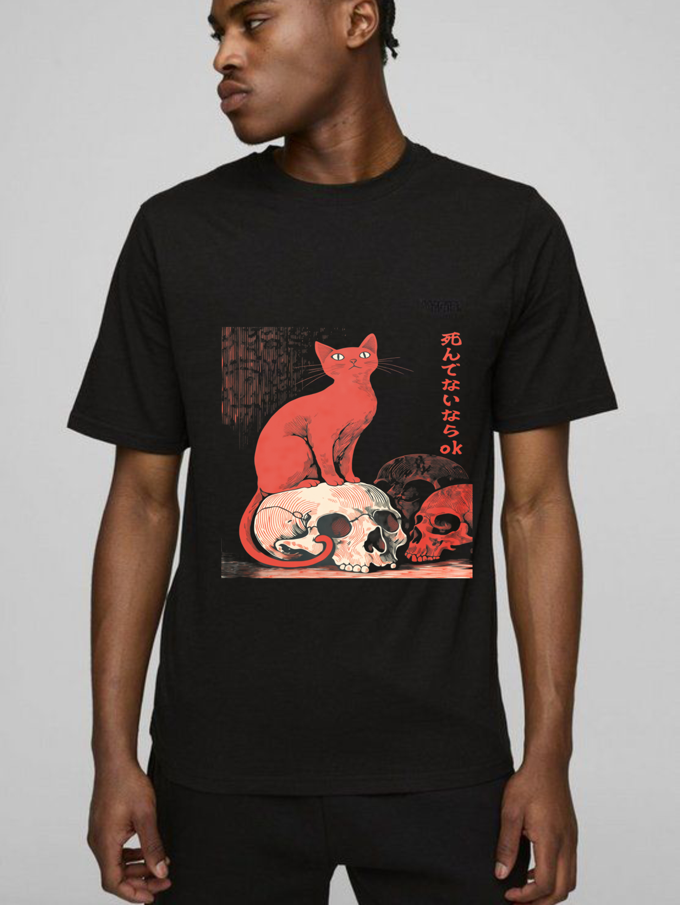 Red Cat Sitting On Skulls With Japanese Text tshirt 100% cotton