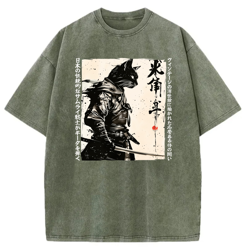 Samurai Cat With Sword And Japanese Text tshirt 100% cotton