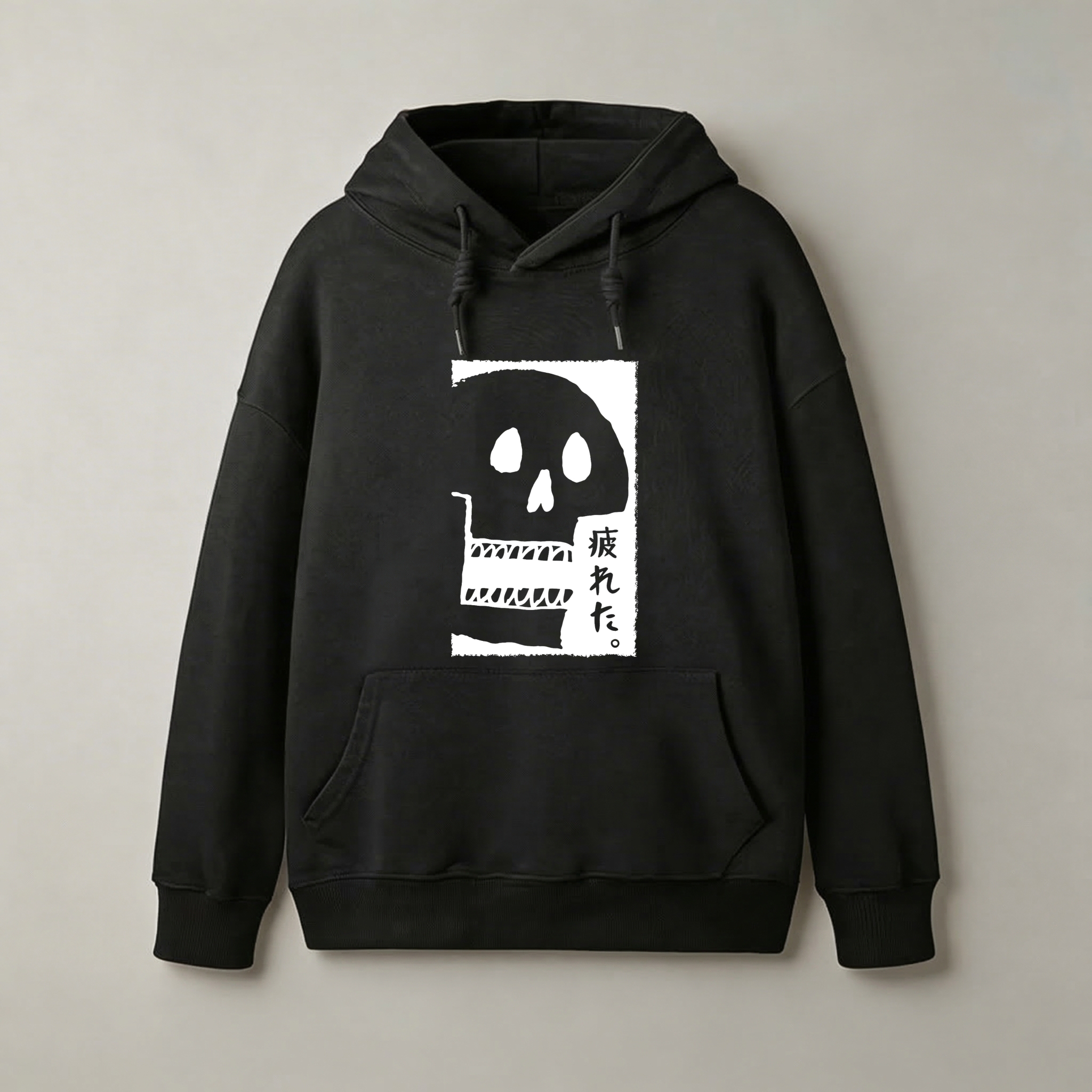 Black Hoodie With Skull And Japanese Text Design Unisex Sweatshirt Casual Streetwear