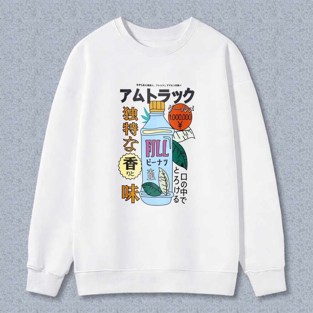 Japanese Style Pill Bottle Graphic Sweatshirt Unique Flavor Design Casual Long Sleeve Top