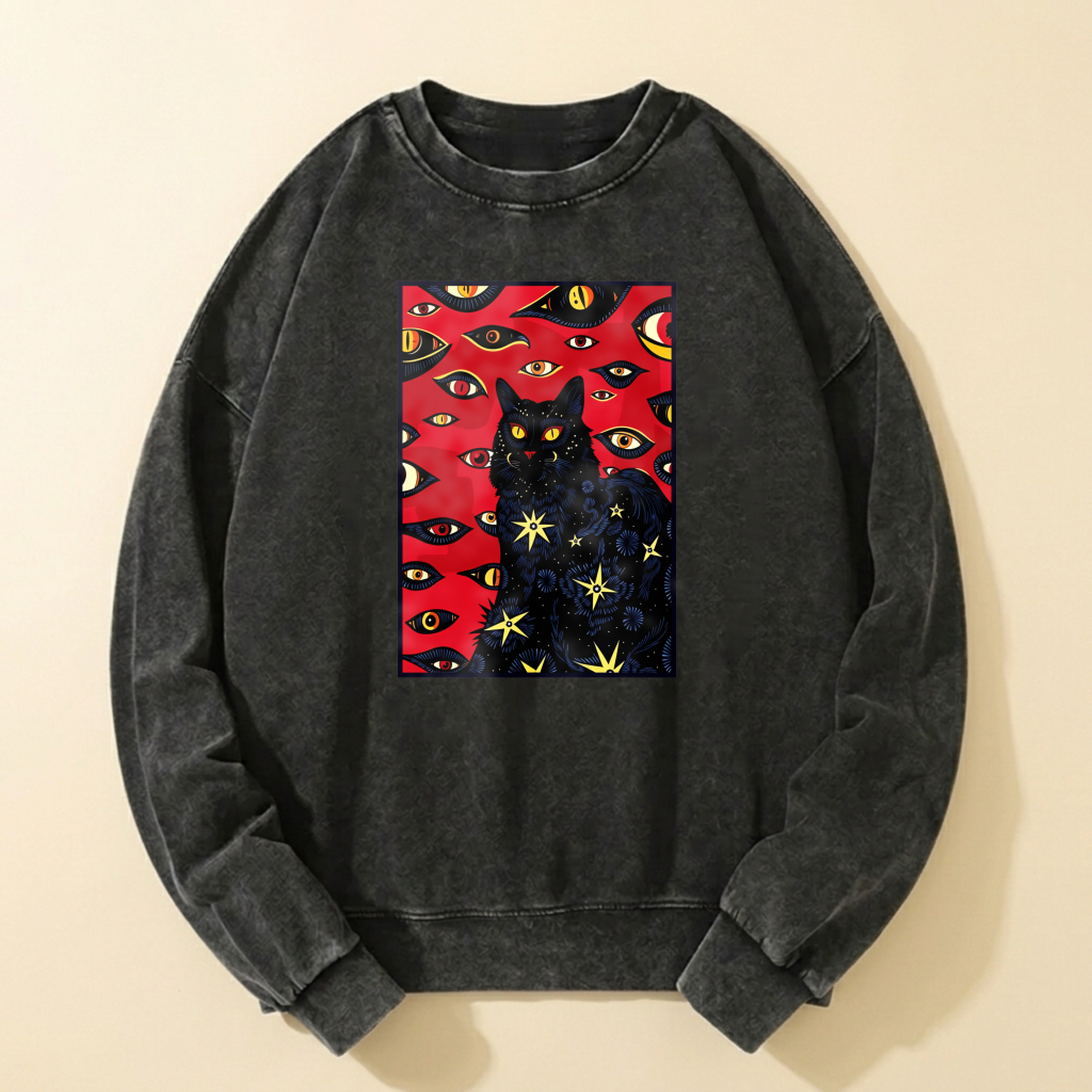 Black Cat With Eyes And Stars Graphic Sweatshirt Unisex Casual Long Sleeve Top