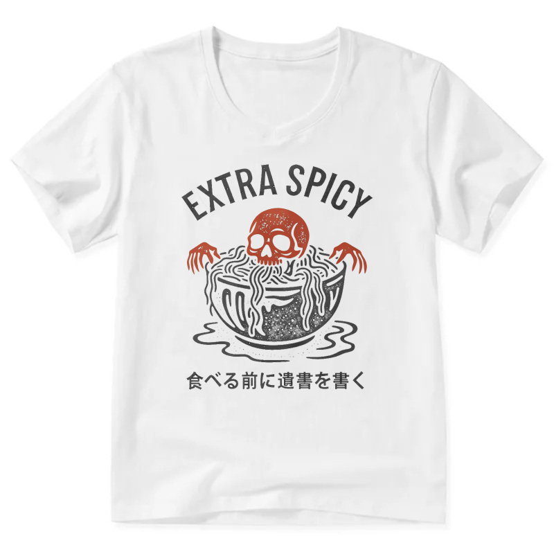 Extra Spicy Ramen Skull T-Shirt With Japanese Text Warning Design