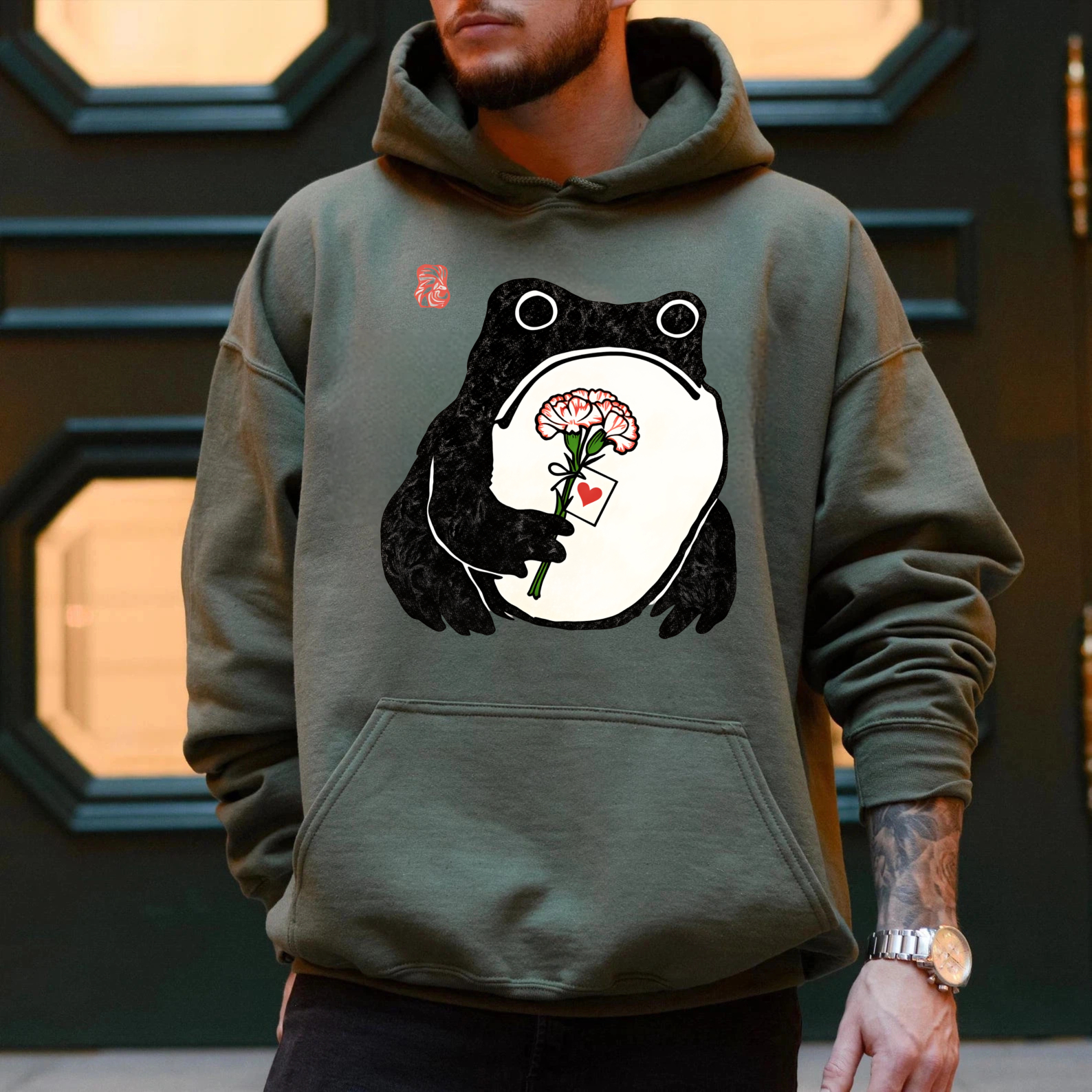 Frog Holding Rose Hoodie Black Cute Animal Design For Women And Men Unisex Sweatshirt With Pocket