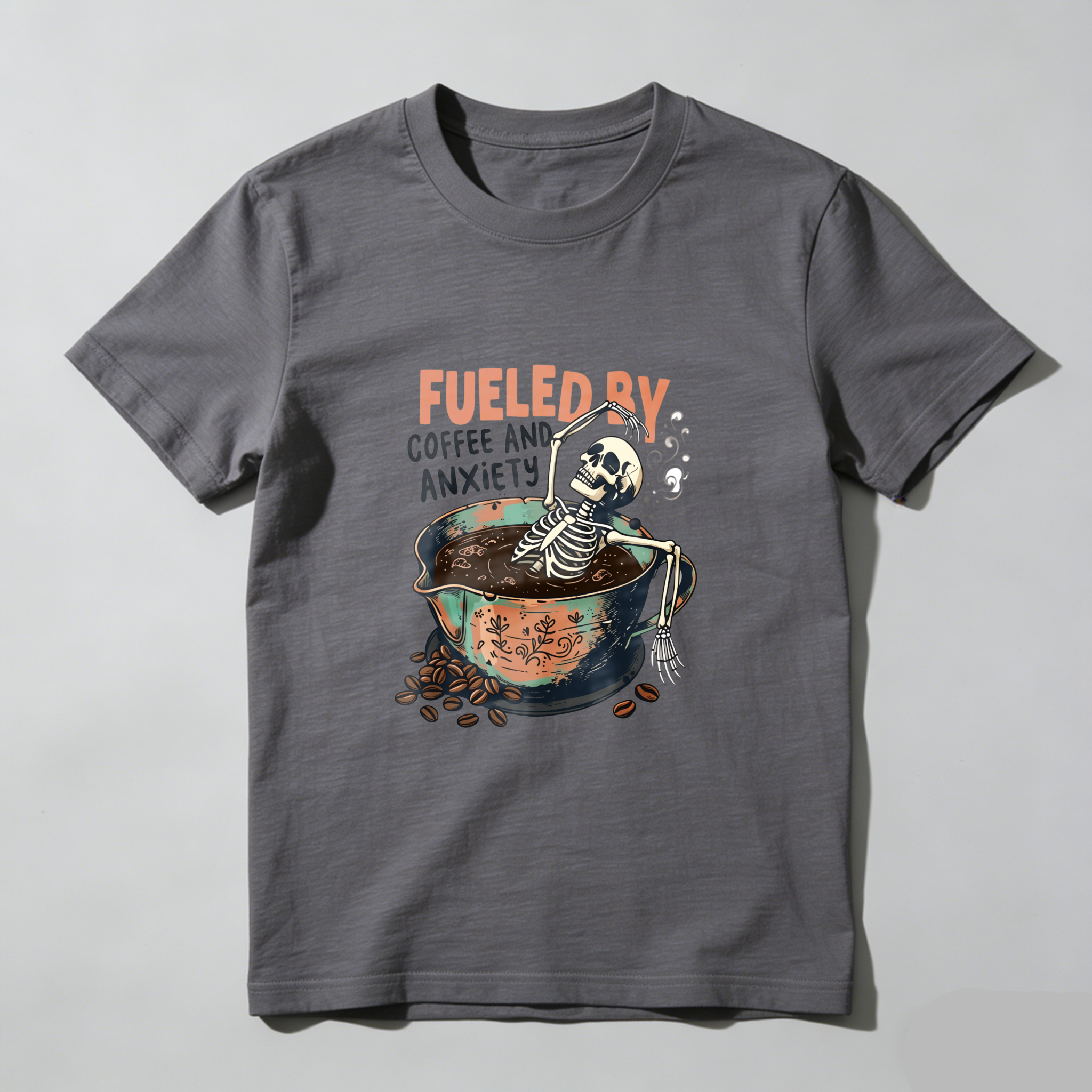 Fueled By Coffee Skeleton Design tshirt 100% cotton
