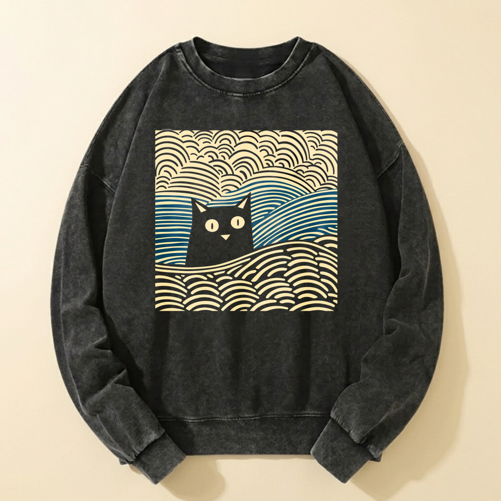 Black Cat Wave Pattern Crewneck Sweatshirt Artistic Design Unisex Casual Top