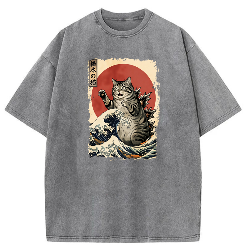 Cat Riding Wave With Red Sun Background tshirt 100% cotton