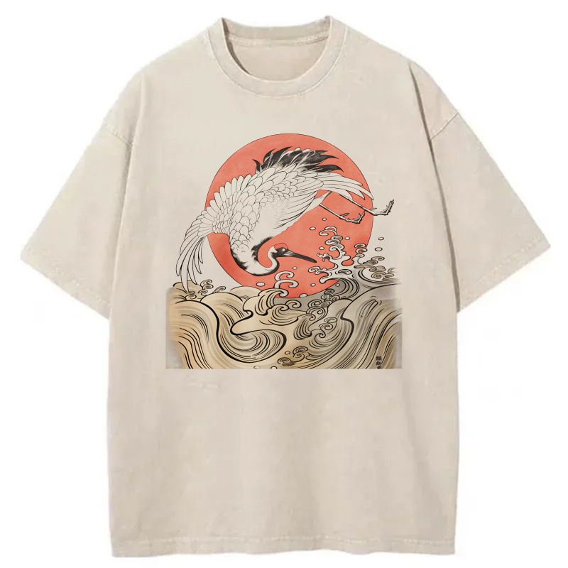 Dragon Silhouette Red Moon Waves Pattern tshirt 100% cotton
