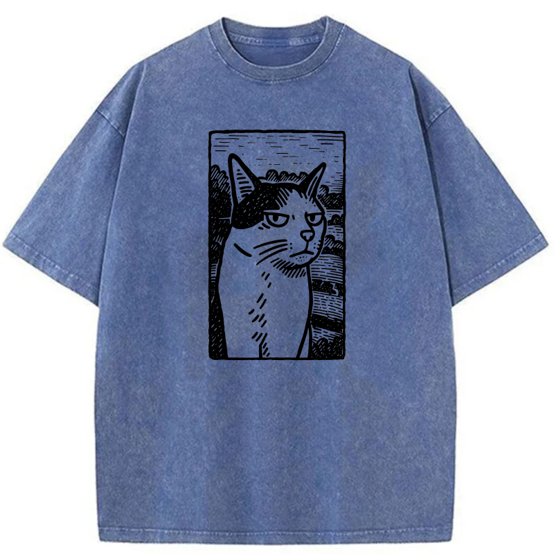 Cat Portrait In White Line Art Style tshirt 100% cotton